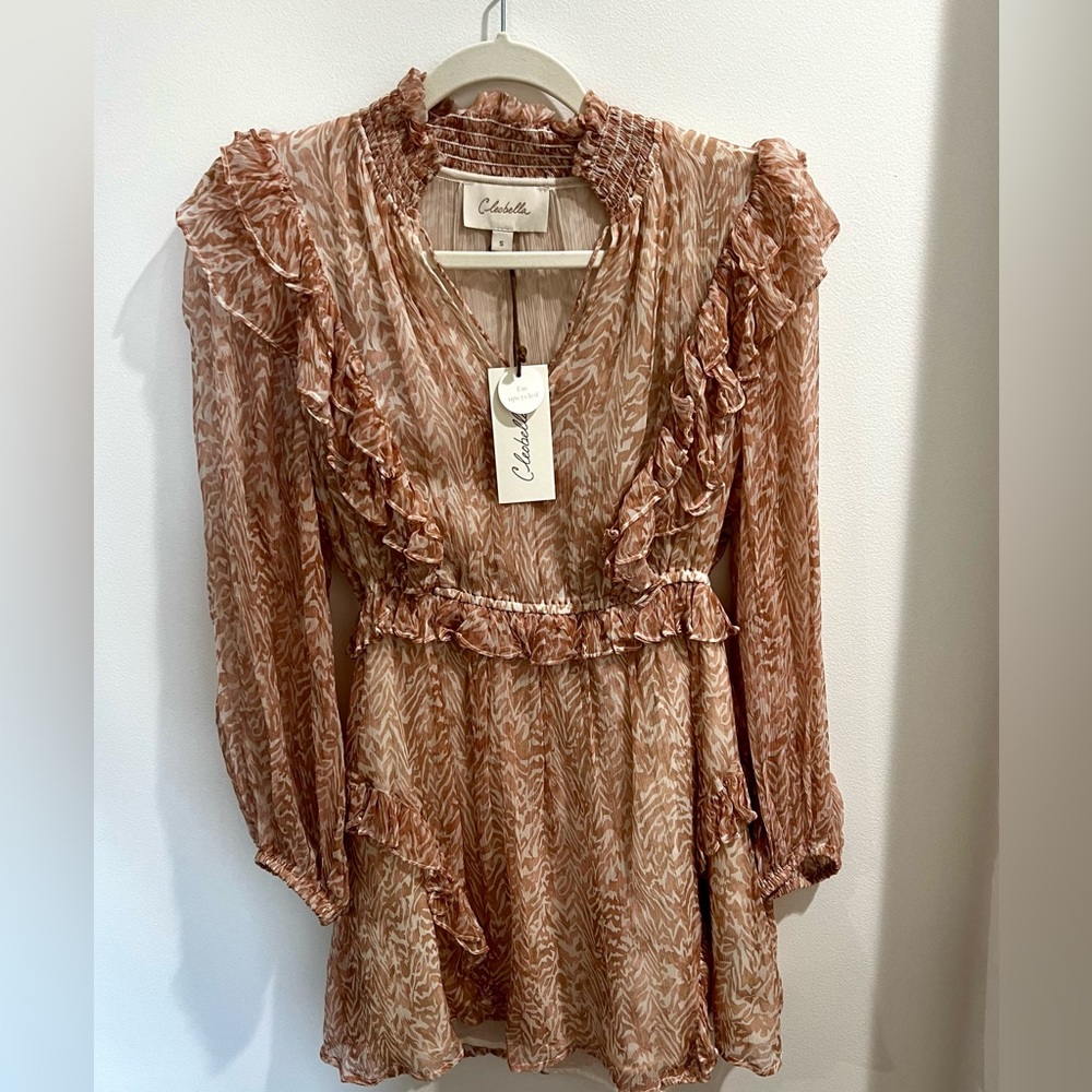 Cleobella long sleeve pink and cream print dress
